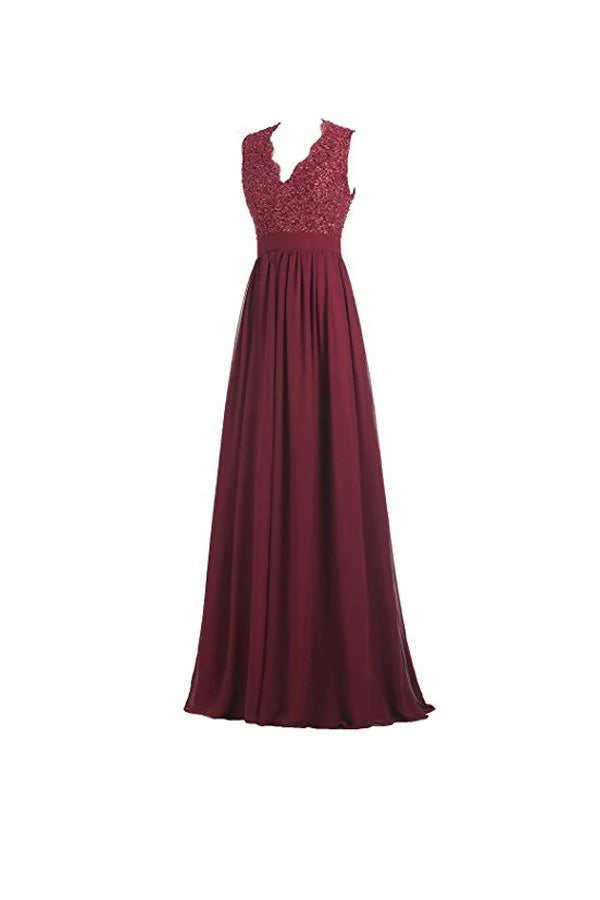 A-line V Neck Open Back Chiffon Long Evening Gown with Lace