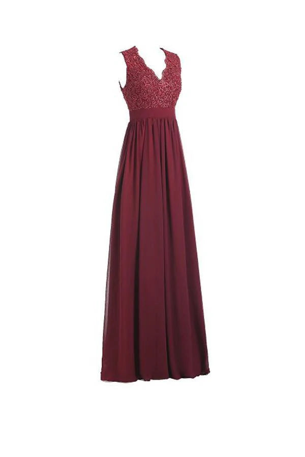 A-line V Neck Open Back Chiffon Long Evening Gown with Lace