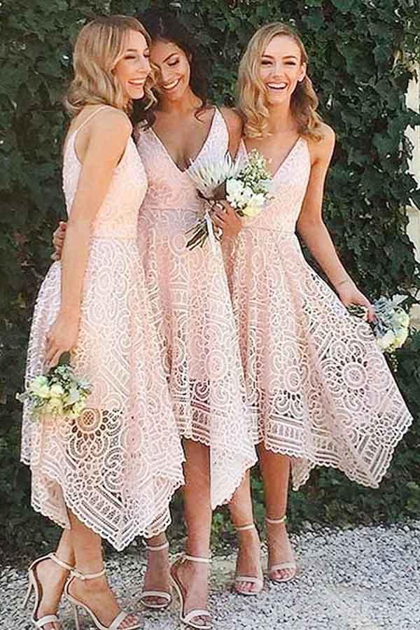 A-Line V-Neck Pearl Pink Lace Bridesmaid/Prom/Homecoming Dress