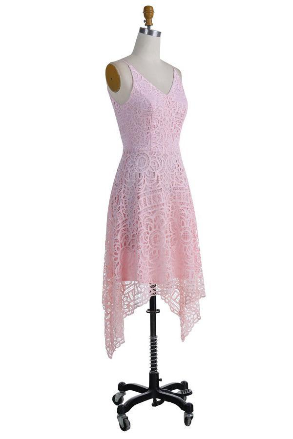 A-Line V-Neck Pearl Pink Lace Bridesmaid/Prom/Homecoming Dress