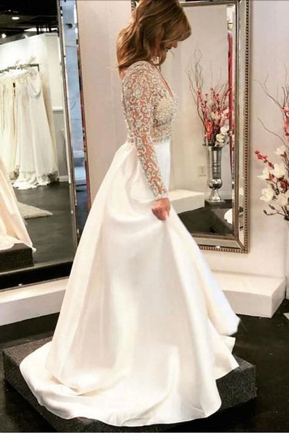 A-line V-neck See Through Bodice Beaded Long Sleeves Wedding Dresses