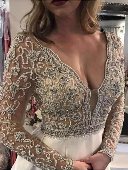 A-line V-neck See Through Bodice Beaded Long Sleeves Wedding Dresses