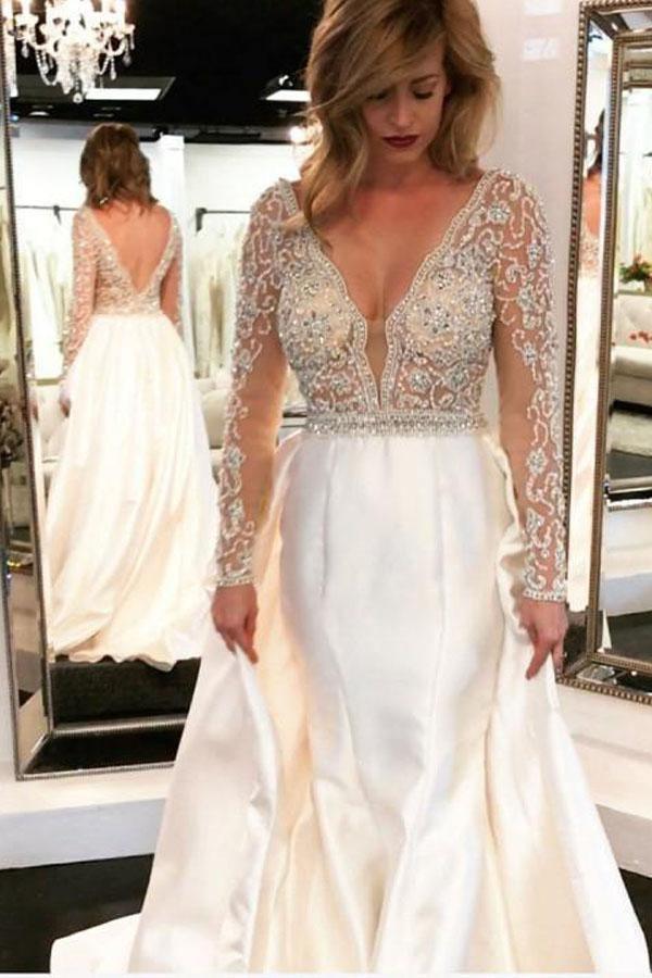 A-line V-neck See Through Bodice Beaded Long Sleeves Wedding Dresses