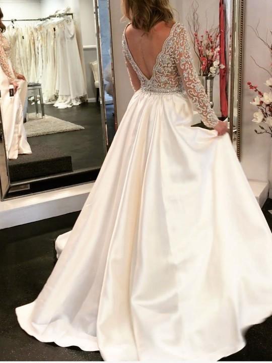 A-line V-neck See Through Bodice Beaded Long Sleeves Wedding Dresses