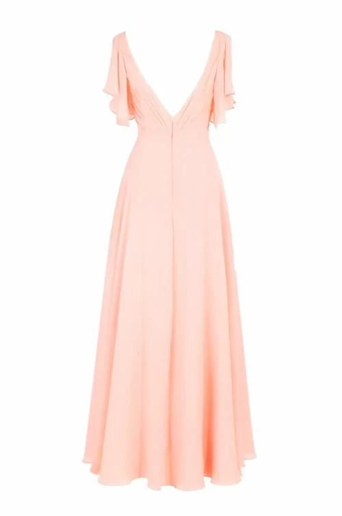 A-line V-neck Short Sleeves Floor Length Chiffon Bridesmaid Dress