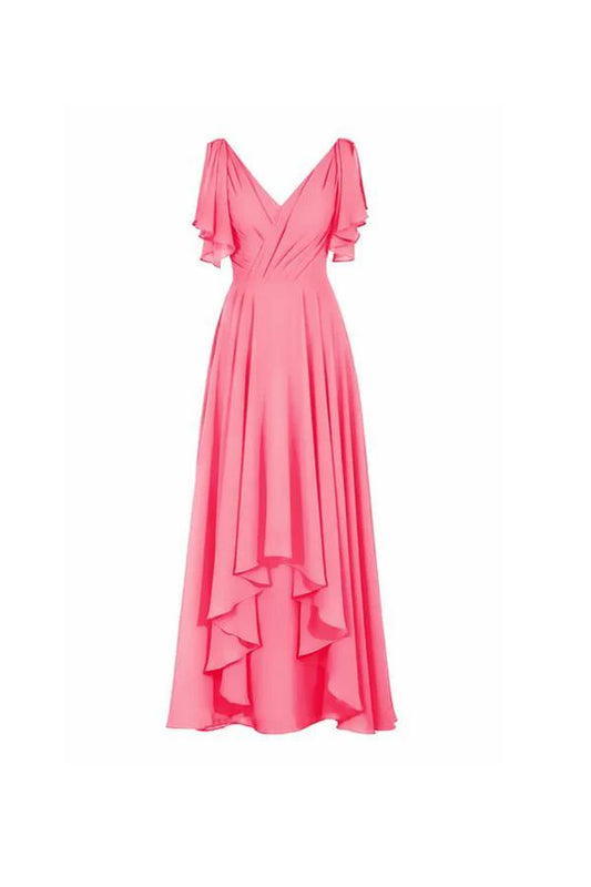 A-line V-neck Short Sleeves Floor Length Chiffon Bridesmaid Dress