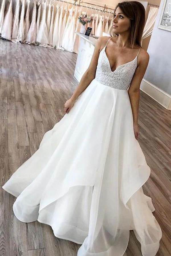 A-line V-neck Spaghetti Strap Charming Organza Wedding Dresses