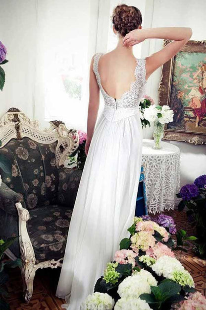 A-Line V-Neck Sweep Train Chiffon Beach Wedding Dress with Lace