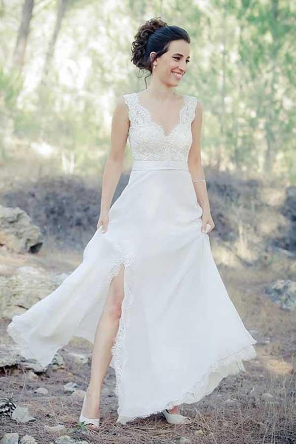 A-Line V-Neck Sweep Train Chiffon Beach Wedding Dress with Lace