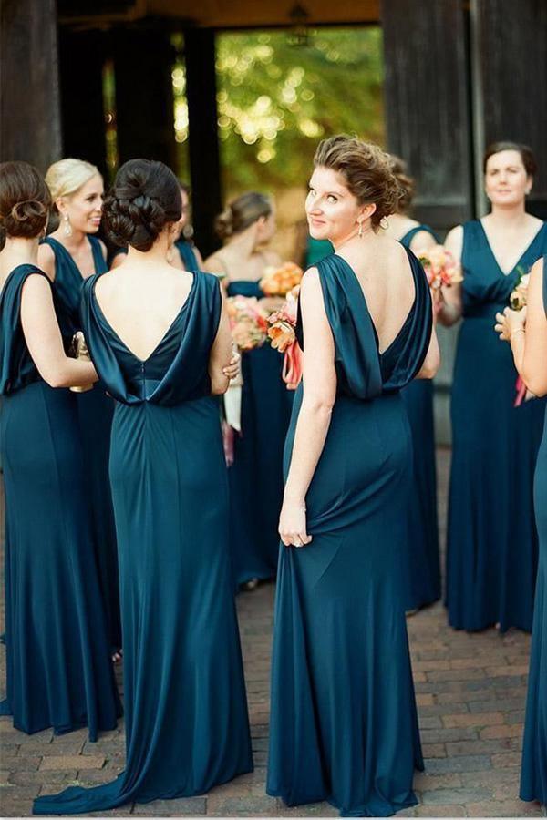 A-Line V-Neck Sweep Train Backless Navy Blue Bridesmaid Dress