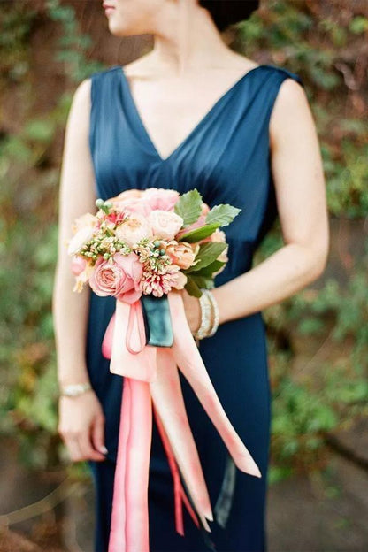 A-Line V-Neck Sweep Train Backless Navy Blue Bridesmaid Dress