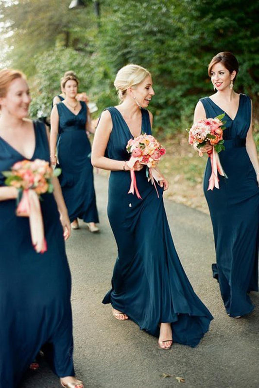 A-Line V-Neck Sweep Train Backless Navy Blue Bridesmaid Dress