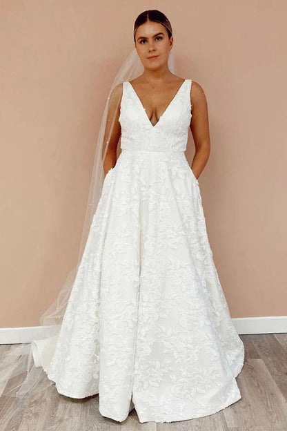 A Line V Neckline Floral Lace Illustion Back Court Train Wedding Dress