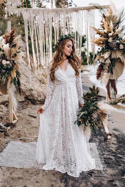 A-Line White Lace Floor-Length Wedding Dress With Long Sleeves