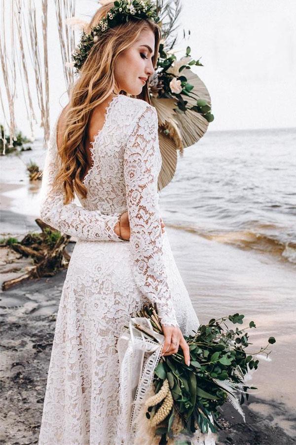 A-Line White Lace Floor-Length Wedding Dress With Long Sleeves