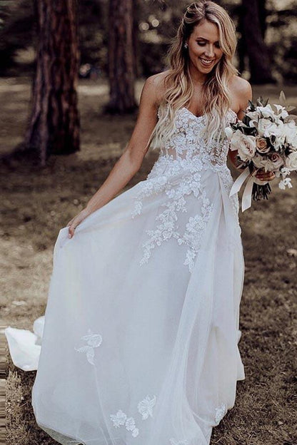 A-Line Sweetheart Sweep Train Wedding Dress with Appliques Beading