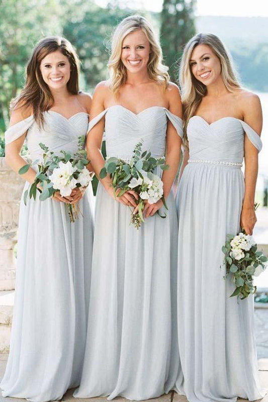 A-lline Chiffon Off the Shoulder Silver Beach Bridesmaid Dresses