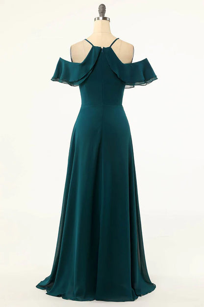 Hunter Green Cold Shoulder Round neck Ruffled Bridesmaid Dress