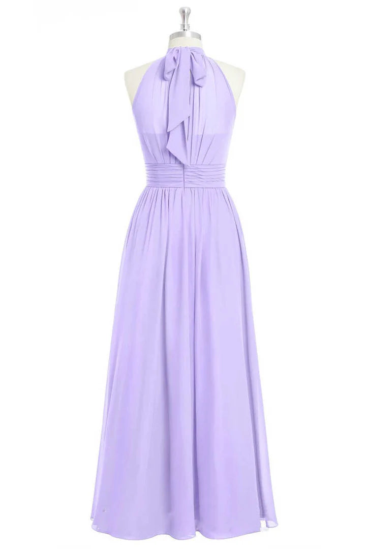 Lavender Chiffon Halter Round neck A-Line Long Bridesmaid Dress