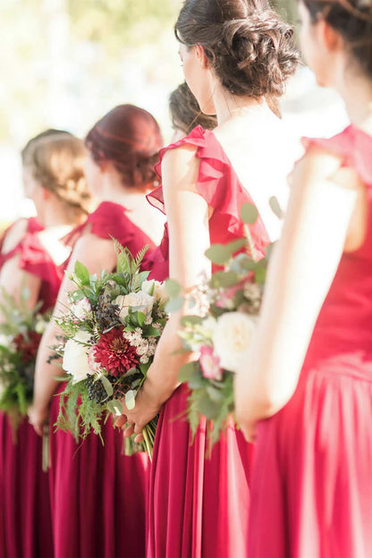 Chiffon Ruffled Straps Long Bridesmaid Dress