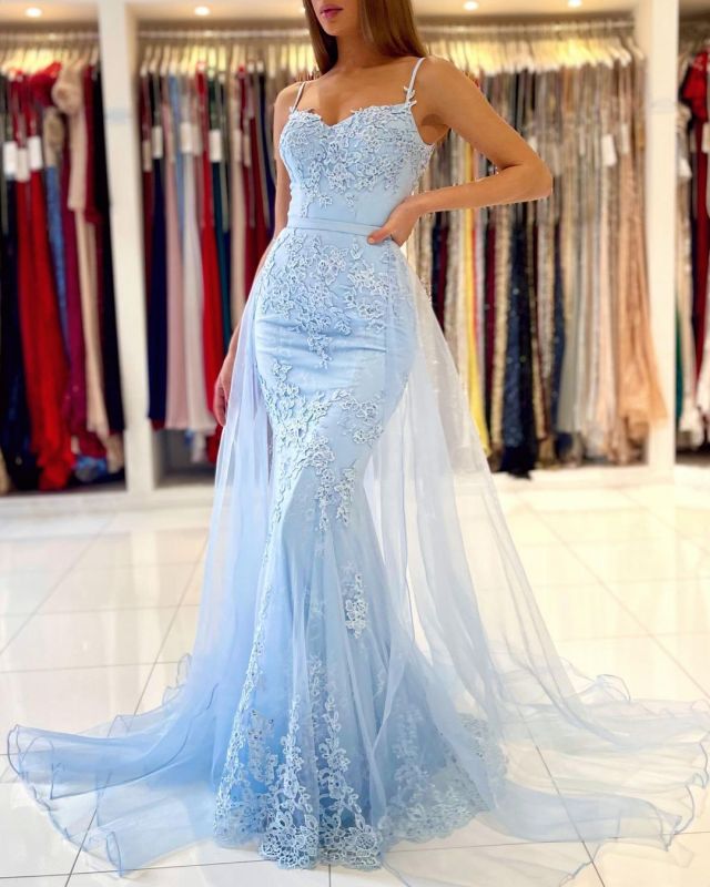 Sheath Mermaid Spaghetti Straps Sweep/Brush Train Dresses Tulle Detachable  Evening Dress