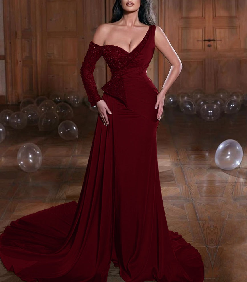 Sheath One Shoulder One Long Sleeve  Sweep/Brush Train Dresses Long Prom Dress With Sequins