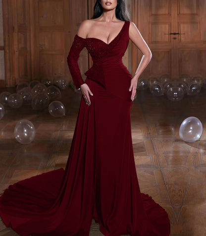 Sheath One Shoulder One Long Sleeve  Sweep/Brush Train Dresses Long Prom Dress With Sequins
