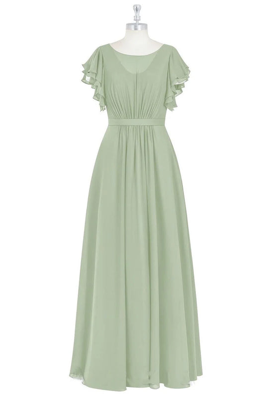 Crew Neck Ruffles A-Line Long Bridesmaid Dress