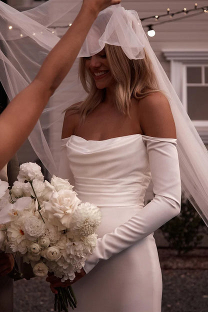 Elegant Mermaid Strapless Off-the-Shoulder Long Sleeves Satin Floor-Length Wedding Dresses