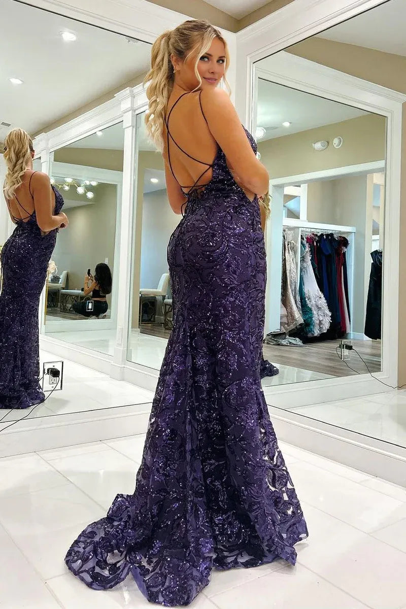 Charming Mermaid V Neck Spaghetti Strap Purple Sequins Backless Long Prom Dresses