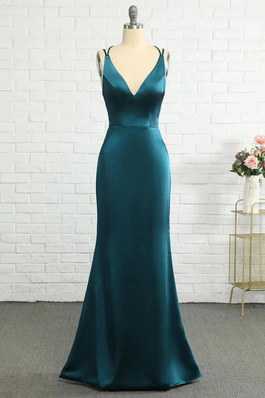 Elegant Teal Blue V-Neck Lace-Up Mermaid Backless Bridesmaid Dress