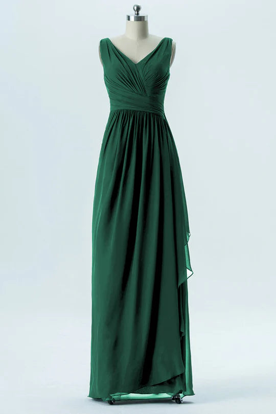 V-Neck Hunter Green Chiffon Sleeveless Ruffled Bridesmaid Dress