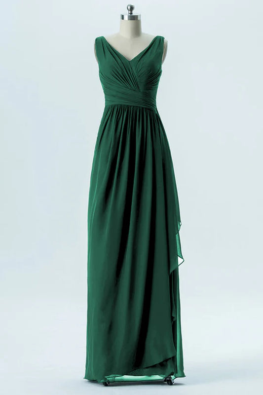 V-Neck Hunter Green Chiffon Sleeveless Ruffled Bridesmaid Dress