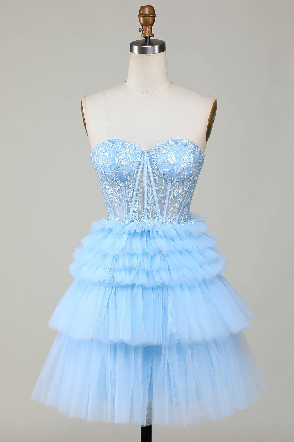 Blue Corset Off-the-Shoulder Cute Applique Tiered Homecoming Dress with Ruffles