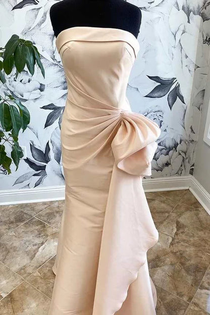 Champagne Satin Strapless Off-the-Shoulder Ruffles Mermaid Long Bridesmaid Dress