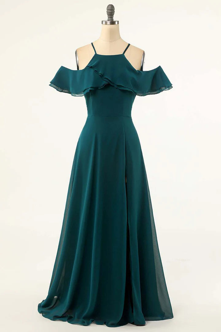 Hunter Green Cold Shoulder Round neck Ruffled Bridesmaid Dress