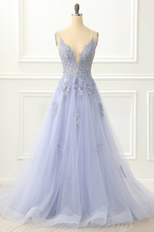 Lavender V-Neck Spaghetti Straps Tulle Lace-Up Back Prom Dress with Appliques