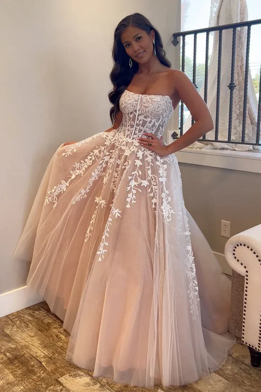Cute Ball Gown Strapless Off-the-Shoulder Blush Pink Tulle Prom Dress with Appliques