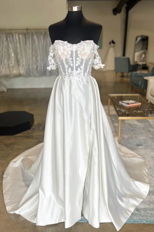 White Satin Off-the-Shoulder Appliques Backless Mopping The Floor Long Wedding Dress ﻿