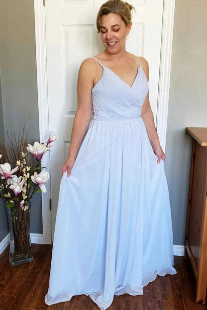 Light Blue Chiffon V-Neck Spaghetti Backless Long Bridesmaid Dress