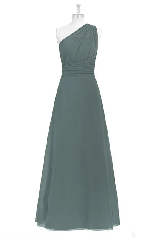 Dark Sage Green Chiffon One-Shoulder A-line Long Bridesmaid Dress