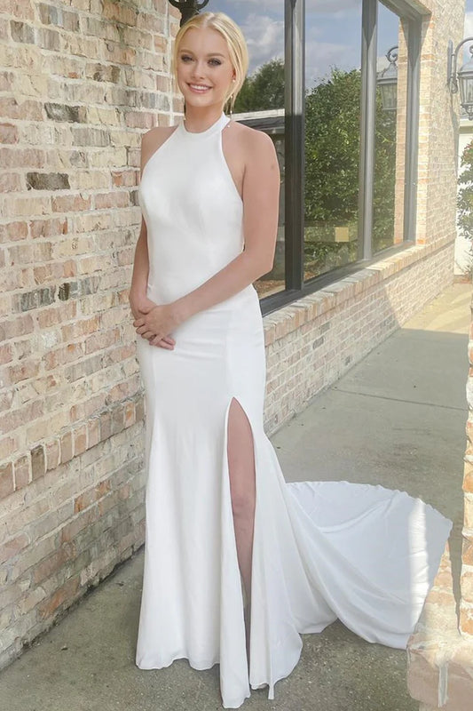 White Round neck Off-the-Shoulder Halter Backless Mermaid Long Wedding Dress with Slit ﻿
