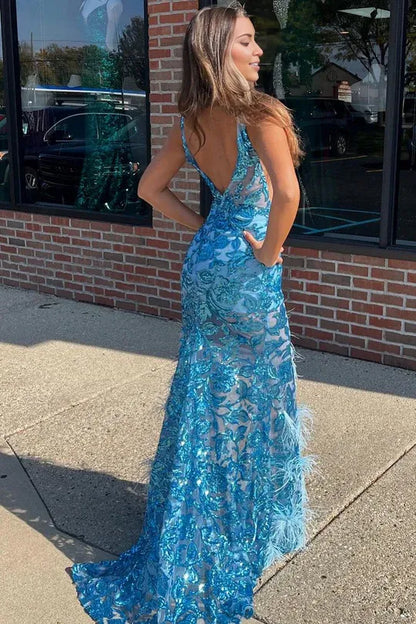 Charming Mermaid V Neck Blue Sequins Lace Long Prom Dress with Slit