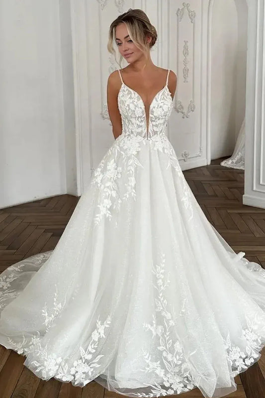 Fairy A Line V Neck Spaghetti Strap Sparkly Tulle Long Wedding Dresses with Appliques