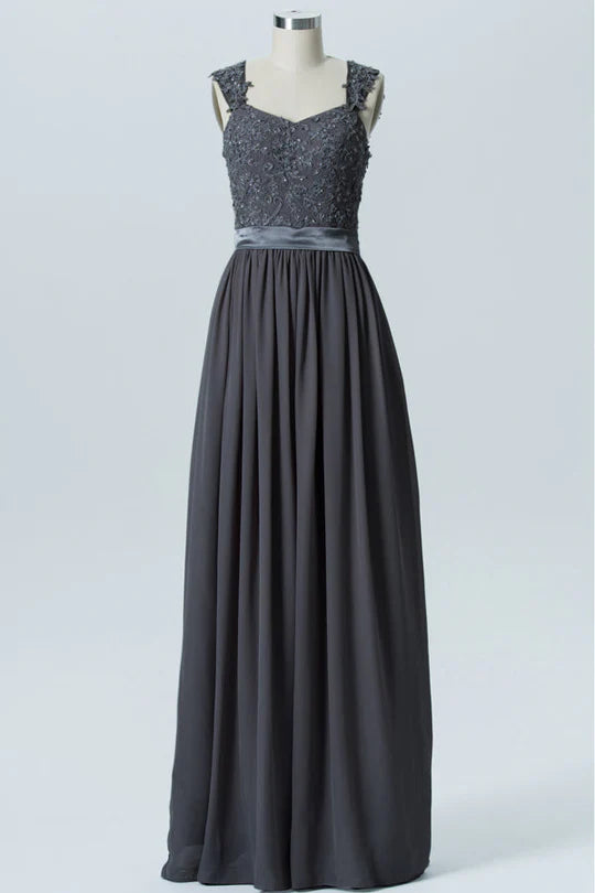 Charcoal Grey Chiffon Wide Straps Embroidered Bridesmaid Dress