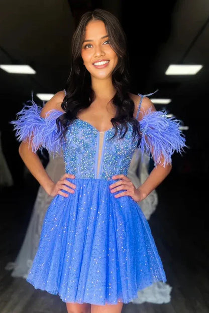 Cute A Line V Neck Blue Sparkly Tulle Short Homecoming Dresses with Feather