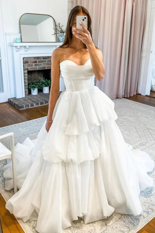 A-Line Strapless Off-the-Shoulder Tiered Floor-Length Wedding Dresses with Train