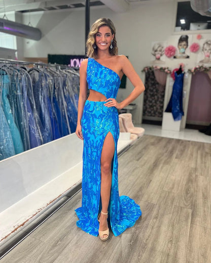 Cute Mermaid One Shoulder Hot Pink Sequins Lace Split Fork Prom Dresses with Slit