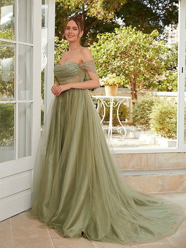 Princess Charming Off the Shoulder  Sweep/Brush Train Dresses Long Prom Dress With Sequins
