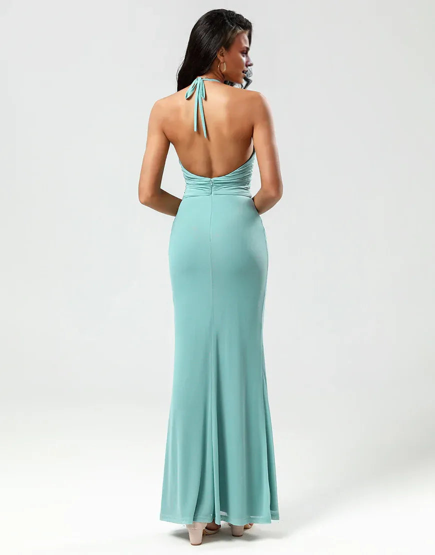 Mermaid Halter Green Slim-fit Long Bridesmaid Dress with V-neck